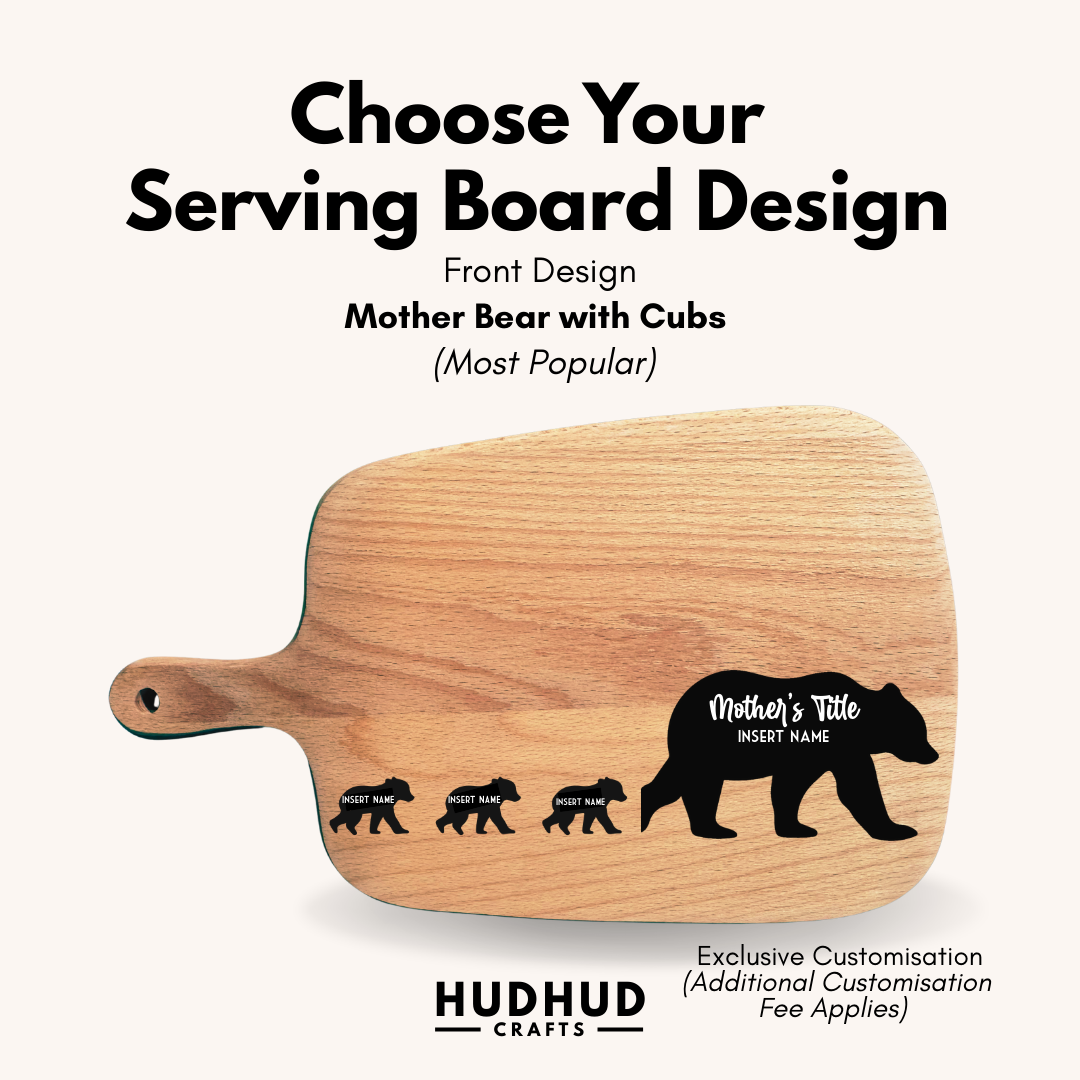 Wooden serving board with bear design and text space, branded as HUDHUD Crafts.